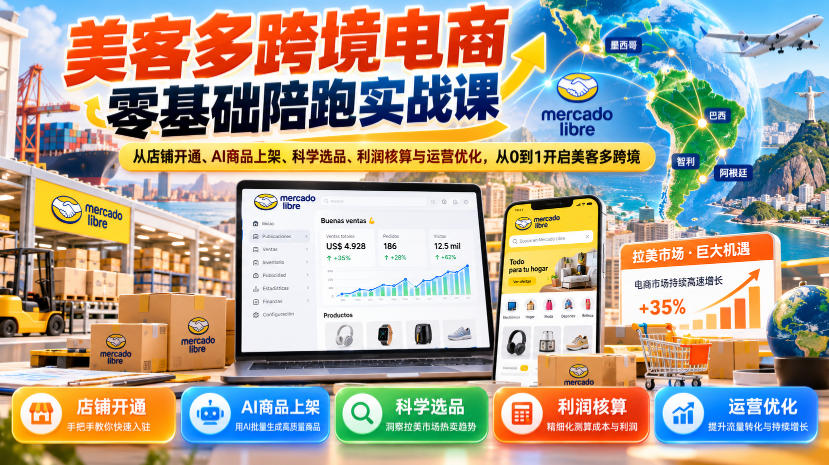 美客多跨境电商零基础陪跑实战课：从店铺开通、AI商品上架、科学选品、利润核算与运营优化，从0到1开启美客多跨境-悟空知识星球