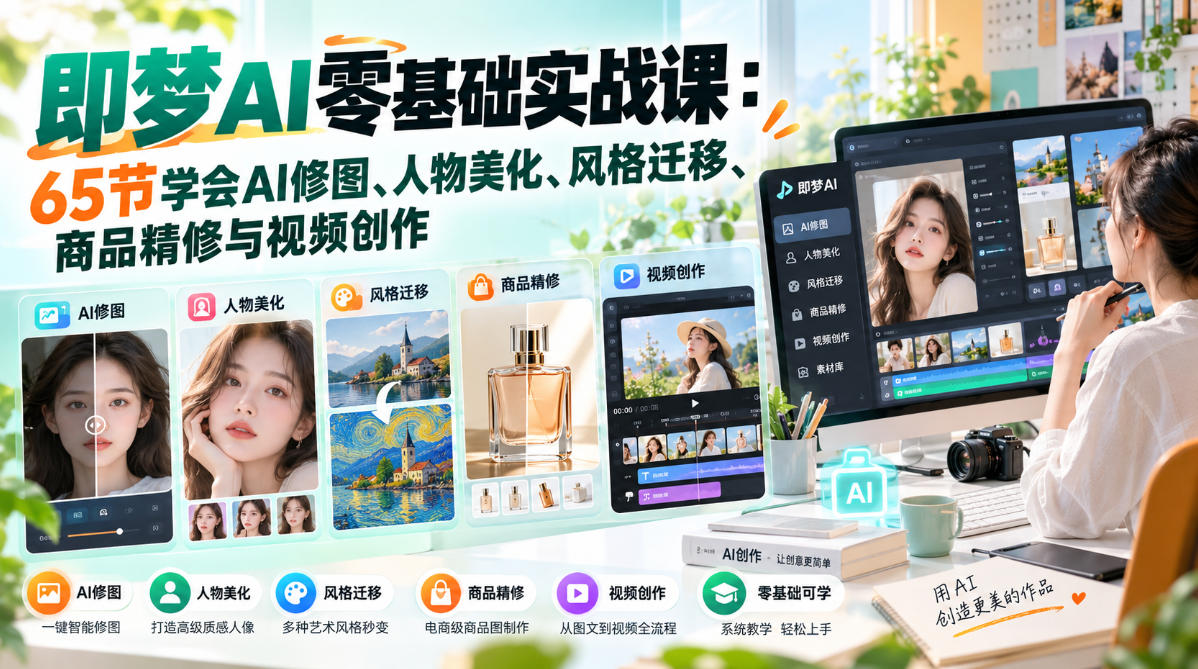 即梦AI零基础实战课：65节学会AI修图、人物美化、风格迁移、商品精修与视频创作-悟空知识星球
