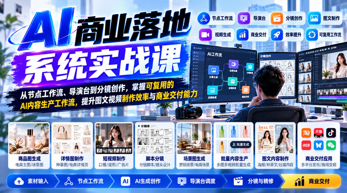 【无水印】AI商业落地系统实战课,从节点工作流、导演台到分镜创作,掌握可复用的AI内容生产工作流,提升图文视频制作效率与商业交付能力-悟空知识星球