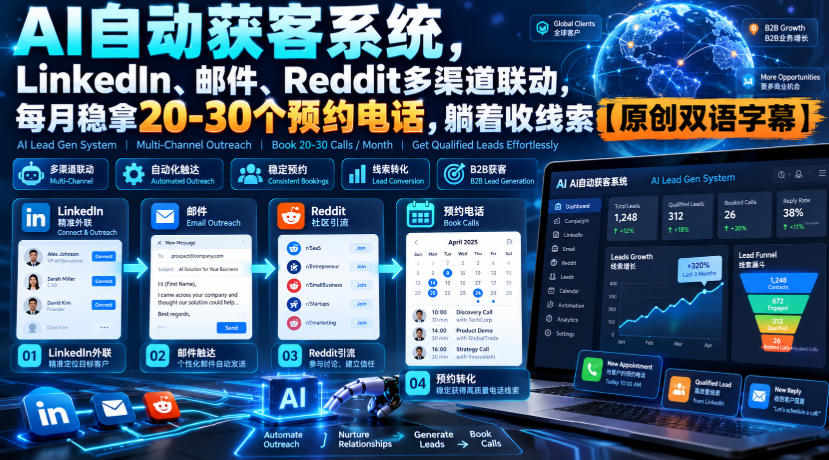 【无水印】AI自动获客系统,LinkedIn、邮件、Reddit多渠道联动,每月稳拿20-30个预约电话,躺着收线索【原创双语字幕】-悟空知识星球
