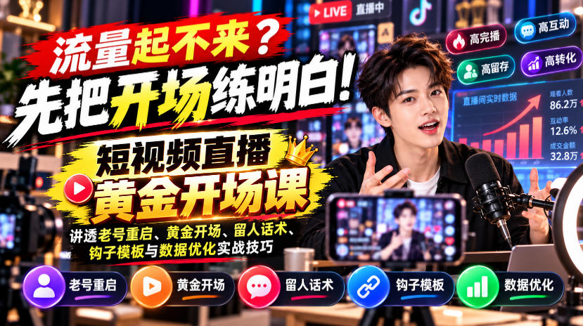 【无水印】流量起不来？先把开场练明白！短视频直播黄金开场课，讲透老号重启、黄金开场、留人话术、钩子模板与数据优化实战技巧-悟空知识星球
