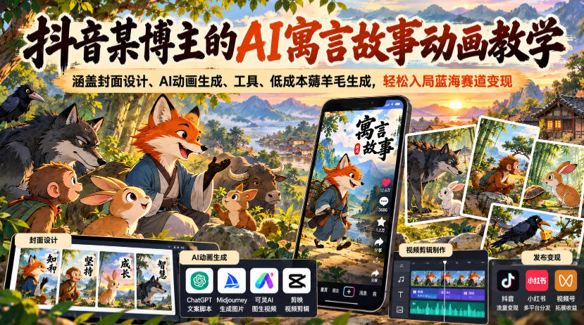 抖音某博主的AI寓言故事动画教学,涵盖封面设计、AI动画生成、工具、低成本薅羊毛生成,轻松入局蓝海赛道变现-悟空知识星球