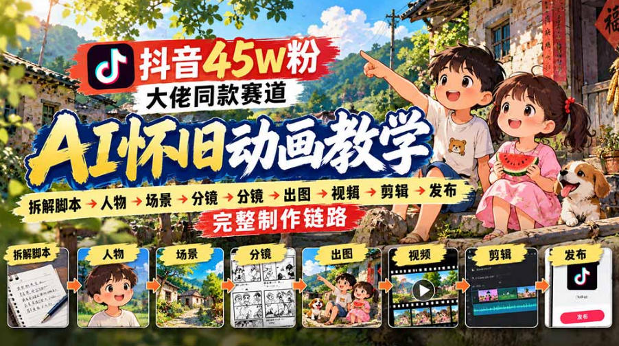 抖音45W粉大佬同款赛道AI怀旧动画实战课：拆解脚本→人物→场景→分镜→出图→视频→剪辑→发布完整制作链路-悟空知识星球