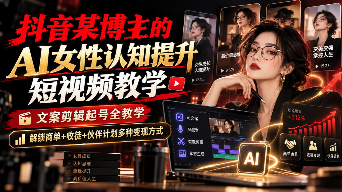 抖音某博主的Ai女性认知提升短视频教学，文案剪辑起号全教学，解锁商单+收徒+伙伴计划多种变现方式-悟空知识星球