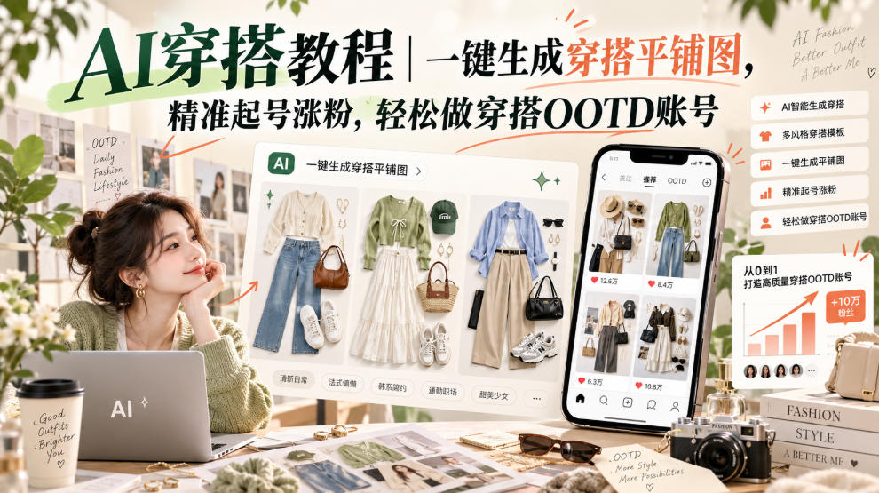 AI穿搭教程｜一键生成穿搭平铺图，精准起号涨粉，轻松做穿搭OOTD账号-悟空知识星球