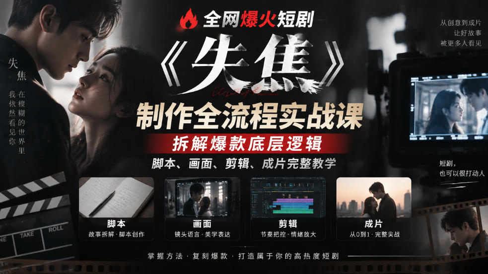 全网爆火短剧《失焦》制作全流程实战课|拆解爆款底层逻辑,脚本、画面、剪辑、成片完整教学-悟空知识星球