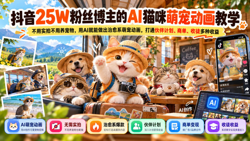 抖音25W粉丝博主的AI猫咪萌宠动画教学，不用实拍不用养宠物，用AI就能做出治愈系萌宠动画，打通伙伴计划、商单、收徒多种收益-悟空知识星球