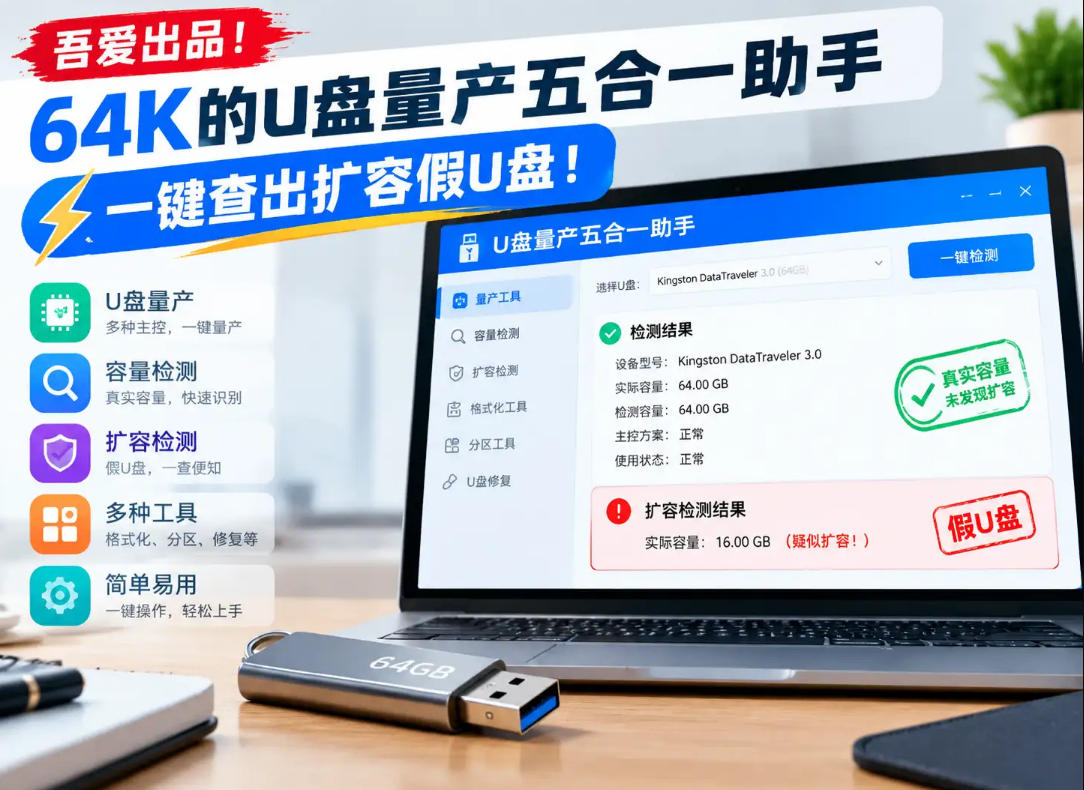 吾爱出品!64K的U盘量产五合一助手,一键查出扩容假U盘!-悟空知识星球