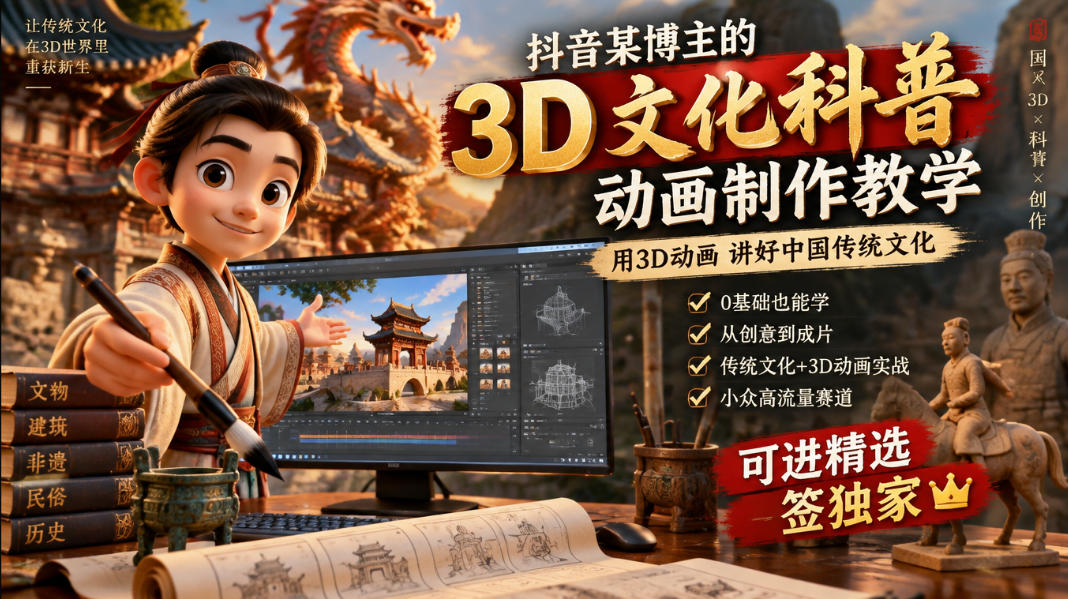 抖音某博主的3D文化科普动画制作教学,用3D动画呈现中国传统文化,可进精选签独家,单日收益1k+-悟空知识星球