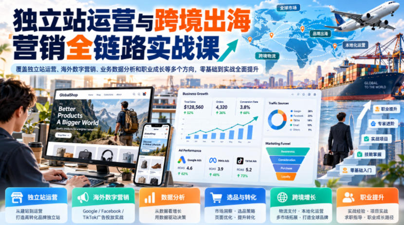 独立站运营与跨境出海营销全链路实战课,覆盖独立站运营、海外数字营销、业务数据分析和职业成长等多个方向,零基础到实战全面提升-悟空知识星球