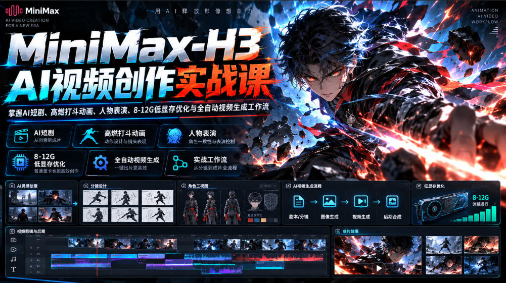 MiniMax-H3 AI视频创作实战课，掌握AI短剧、高燃打斗动画、人物表演、8-12G低显存优化与全自动视频生成工作流-悟空知识星球