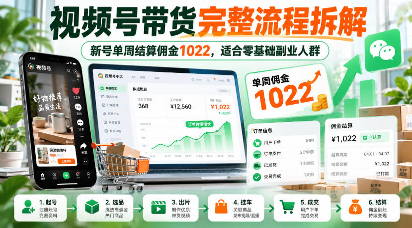 视频号带货完整流程拆解，新号单周结算佣金1022，适合零基础副业人群-悟空知识星球
