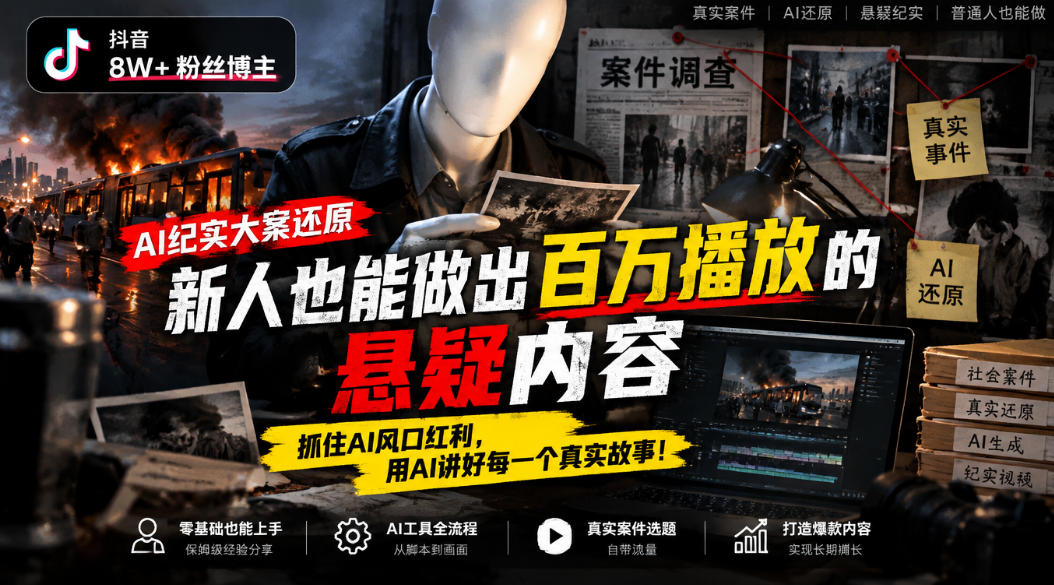 抖音8W粉丝博主的AI纪实大案还原教学,新人也能做出百W播放的悬疑内容,抓住AI风口红利,用AI讲好每一个真实故事-悟空知识星球