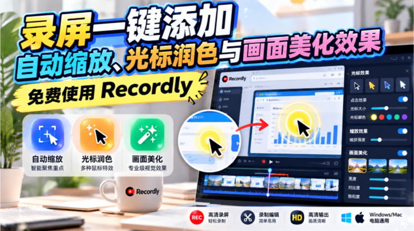 录屏一键添加自动缩放、光标润色与画面美化效果，免费使用Recordly-悟空知识星球