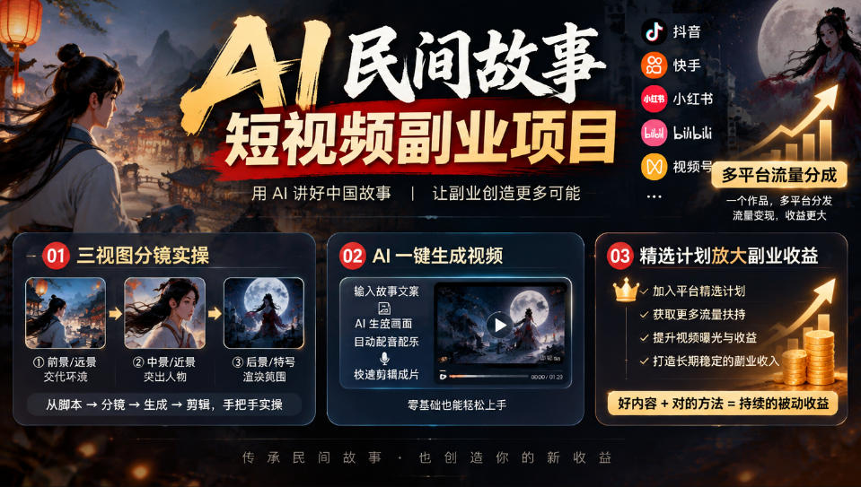 AI民间故事短视频副业项目,多平台流量分成,三视图分镜实操,精选计划放大副业收益-悟空知识星球