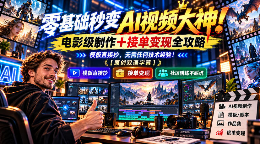 零基础秒变AI视频大神！电影级制作+接单变现全攻略，模板直接抄，无需任何技术经验！【原创双语字幕】-悟空知识星球