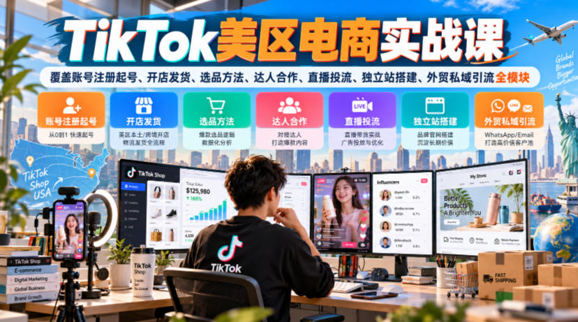 TikTok美区电商实战课,覆盖账号注册起号、开店发货、选品方法、达人合作、直播投流、独立站搭建、外贸私域引流全模块-悟空知识星球