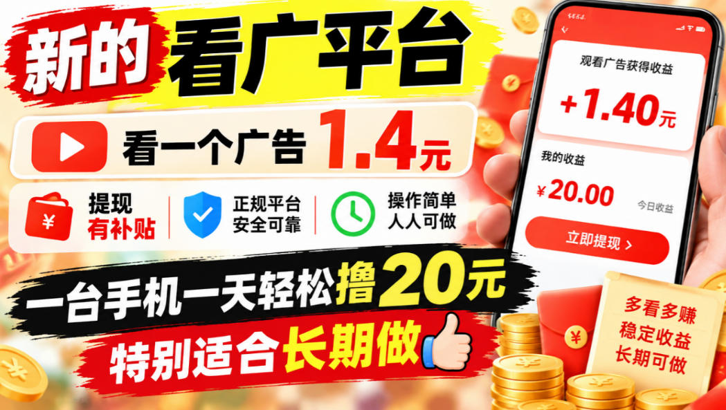 一个新的看广平台，看一个广告1.4元，提现有补贴,一台手机一天轻松撸20+，特别适合长期做【揭秘】-悟空知识星球