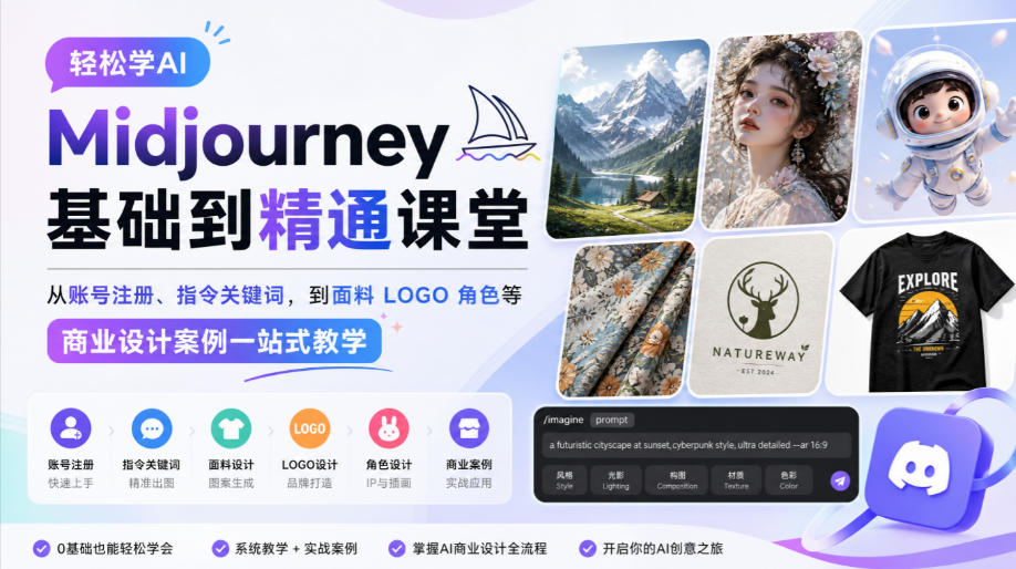 轻松学AI Midjourney基础到精通课堂，从账号注册、指令关键词，到面料LOGO角色等商业设计案例一站式教学-悟空知识星球
