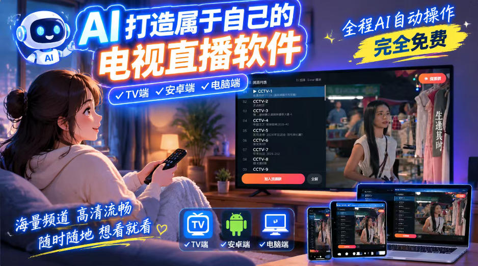 一个提示词,AI全自动做出电视直播软件,电脑、安卓、电视三端通用,完全免费,画质流畅不卡顿-悟空知识星球