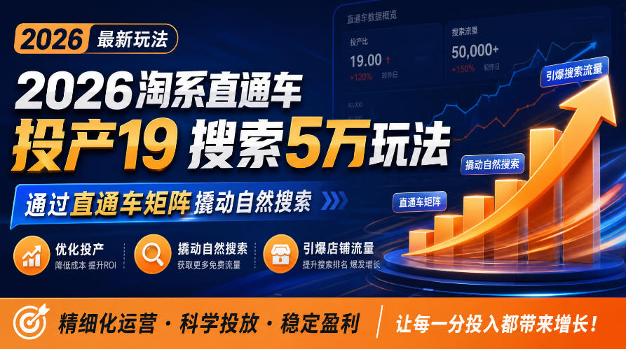2026淘系直通车投产19搜索5万玩法，通过直通车矩阵撬动自然搜索，帮助商家优化投产，引爆店铺搜索流量-悟空知识星球